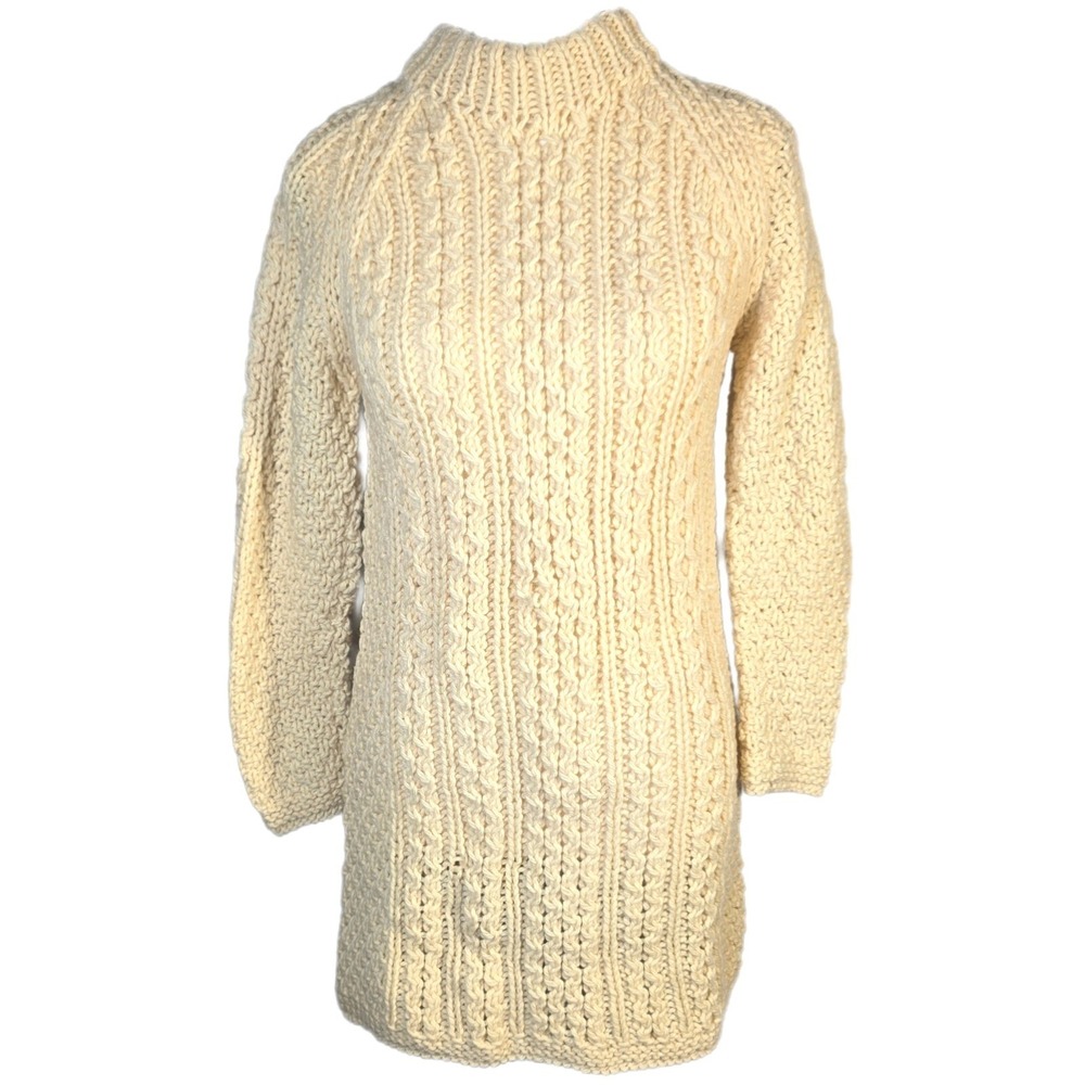Vintage 70s Handmade Aran Knit Sweater Dress XS Cream Cable Fisherman Tunic